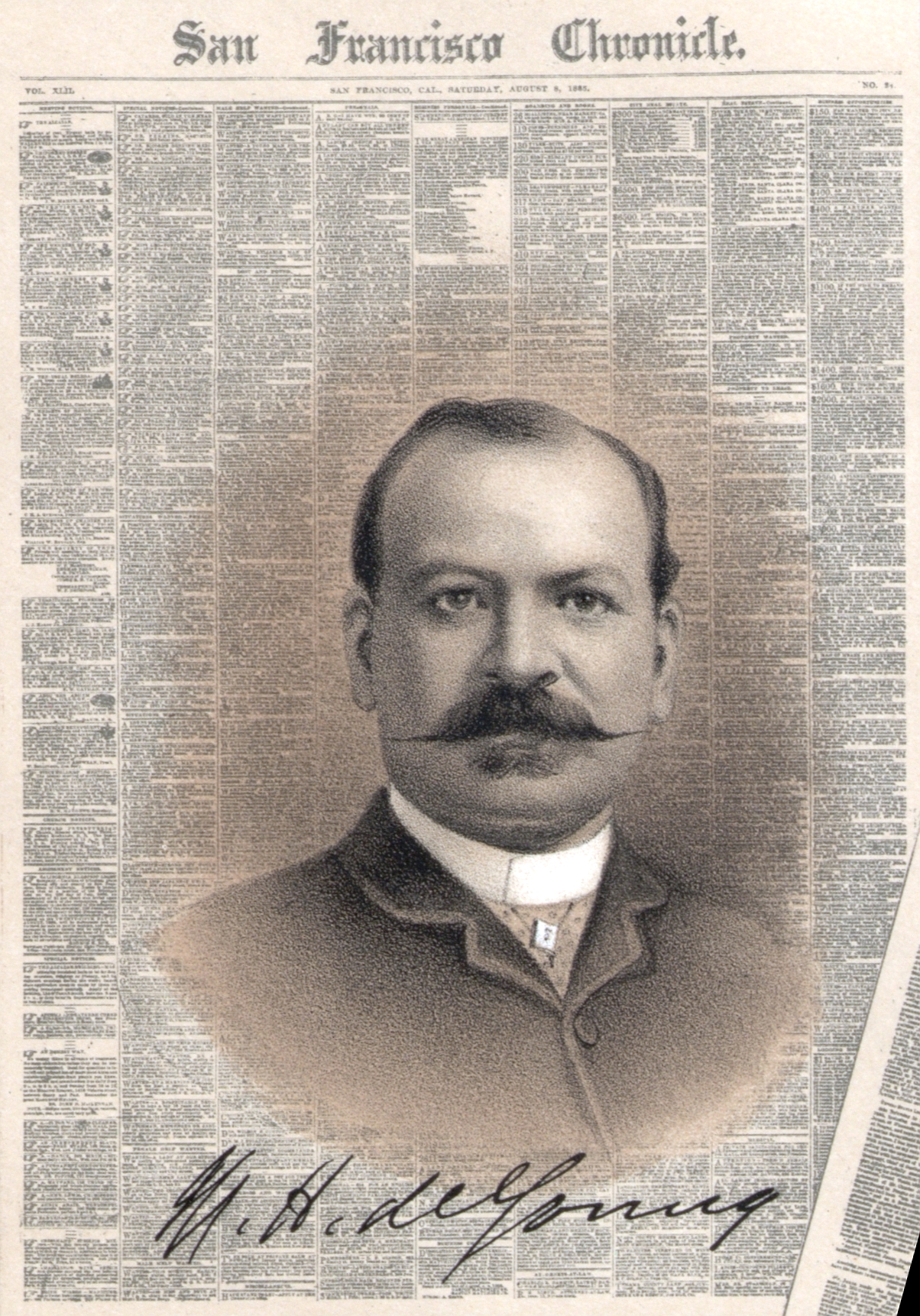 Michael Henry de Young shown with the Chronicle's first page and his signature, compiled by A. J. Kane