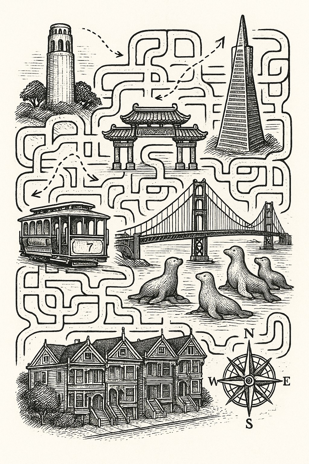 San Francisco Adventure Maze - A detailed illustration of San Francisco landmarks including Coit Tower, Golden Gate Bridge, cable cars, and Victorian houses arranged in a maze-like structure